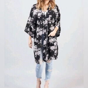 Spiritual Gangster Maya Kimono Black Floral Tie Front One Size 100% Rayon Robe